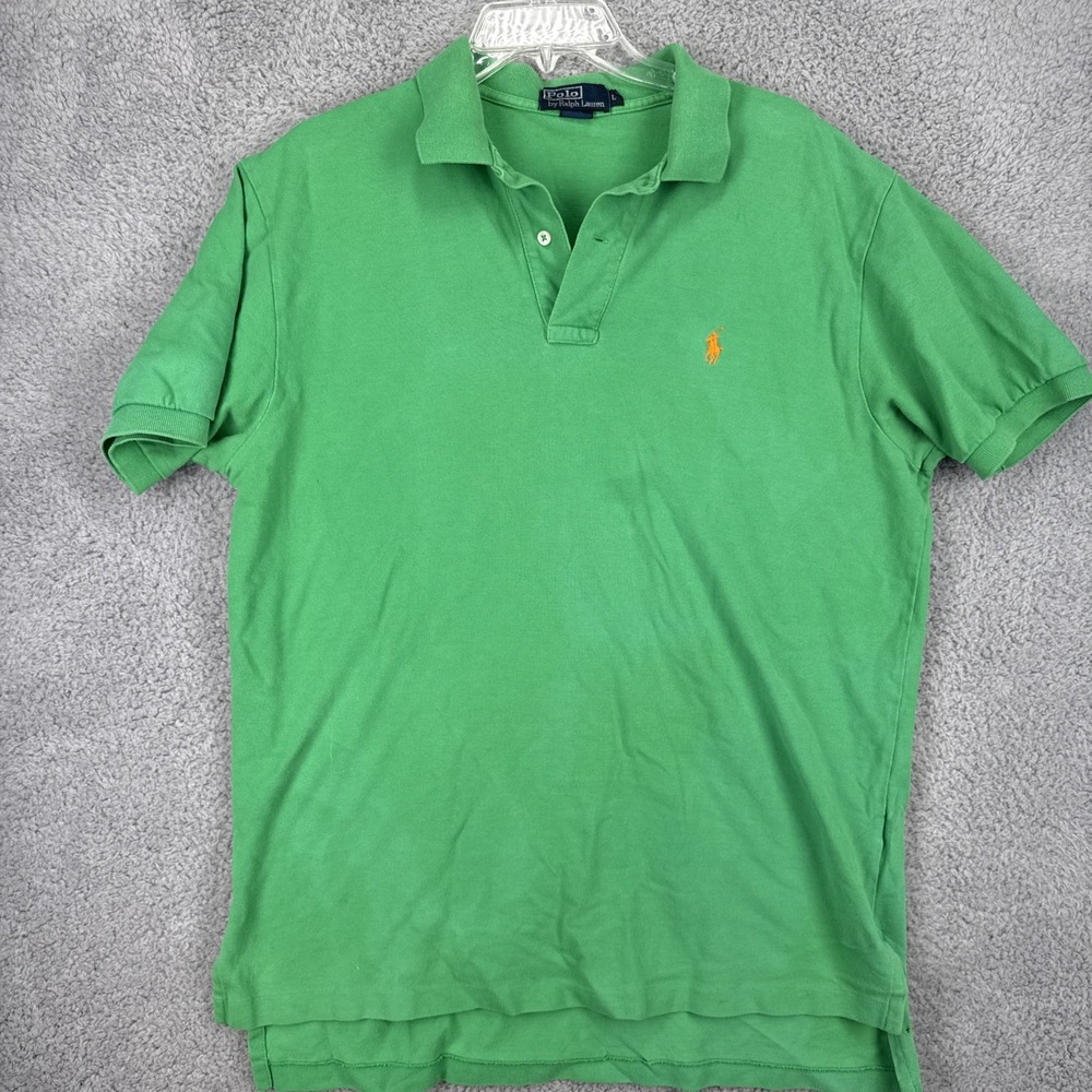 POLO RALPH LAUREN Shirt Mens Large S/S Polo Green Orange Pony Cotton Vintage